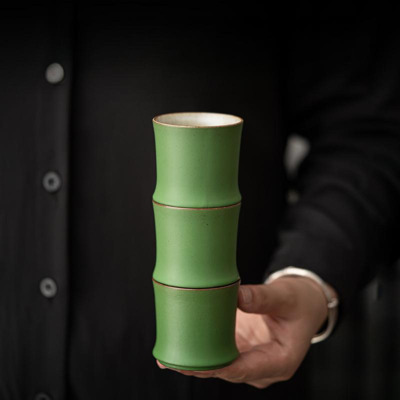 1-6 Stück 90ml Kreative Chinesische Keramik Öffnungstassen Grün Schönes Kung Fu Teetassen Set Bambus Teegeschirr Tassen Teeceremonie Teetasse