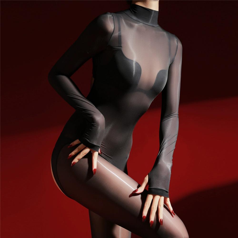 Sexy Women Cosplay Maid Tights Oil Glossy Shiny Bodysuit 5D Thin Silky Jumpsuit Backless Maid Shaping Leotard Open Crotch
