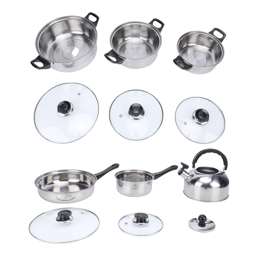 Cookware Set Stainless Steel Kitchen Pots and Pans Set with Tea Kettle Glass Lids for Cooking Frying Boiling Stewing