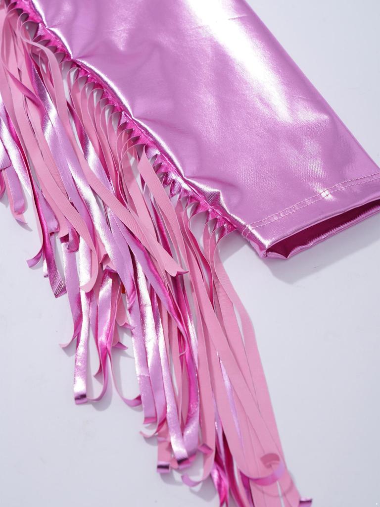 Girls Dance Jacket Metallic Tassel Design Turn Down Collar Long Sleeve Zipper Fringe Party Top