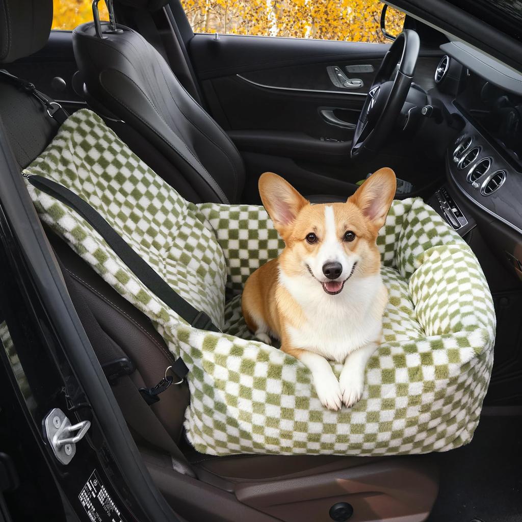 Pet Car Seat for Cats and Dogs Fluffy Pet Bed with Safety Checkerboard Extra Adjustable Height Pet Seat for Small To Medium Pets - 2-in-1 Belt,