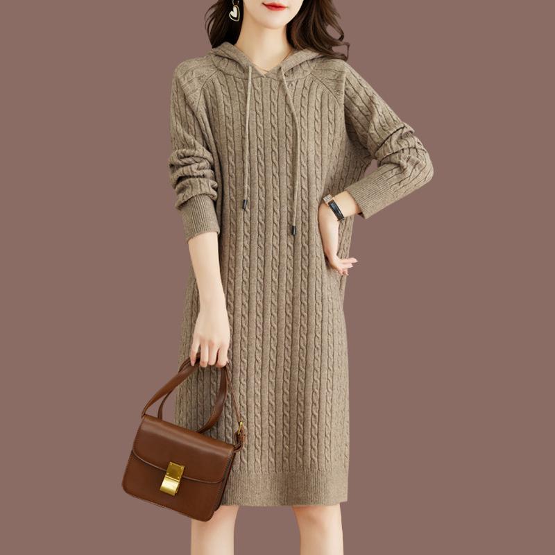 

Hooded Sweater for Women In Autumn and Winter Mid-length Knitted Dress Loose Braided Solid Color Sweater S хаки