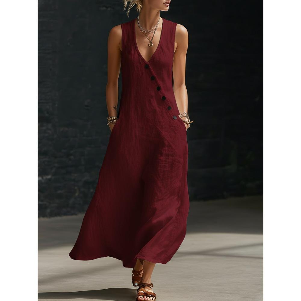 Frühling und Sommer TikTok Europäischer und Amerikanischer fauler Stil V-Ausschnitt Knöpfe Baumwolle und Leinen Langes Kleid Ärmelloses Weste Kleid Langes Kleid