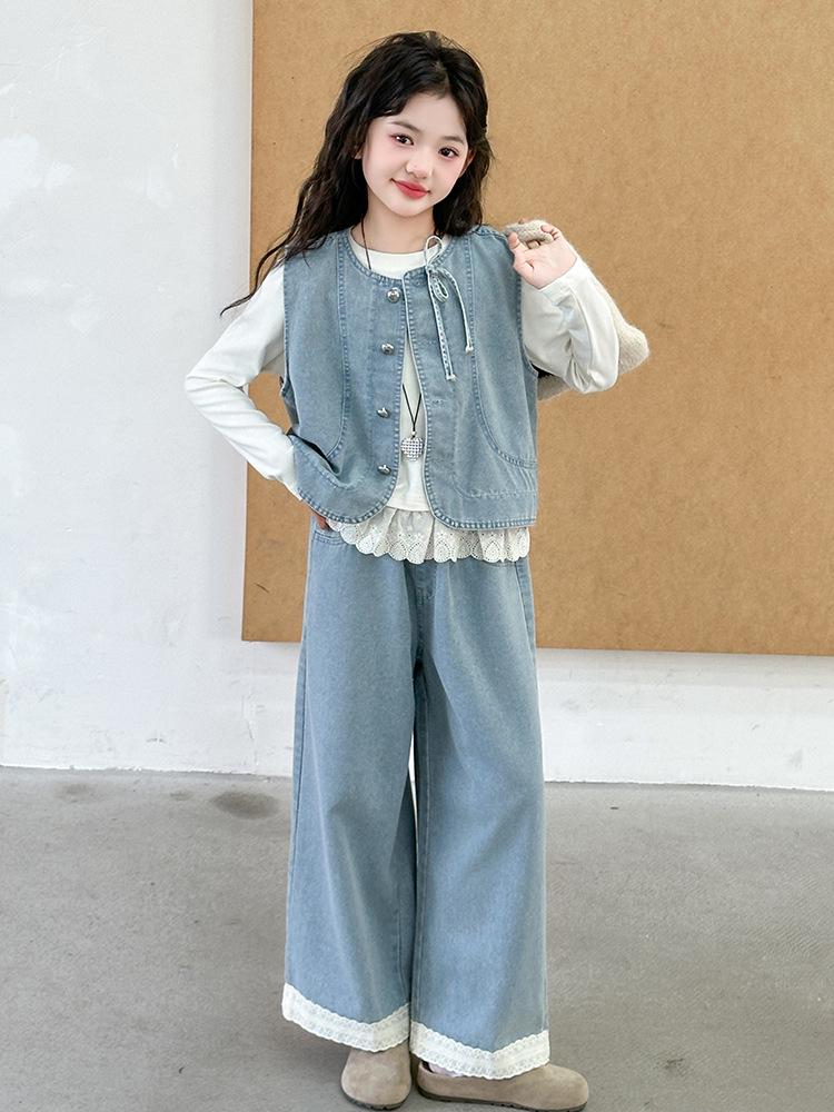 Girls' Denim Vest and Lace Pants Set – Long Sleeve Base Shirt Included (Spring/Autumn 2025)