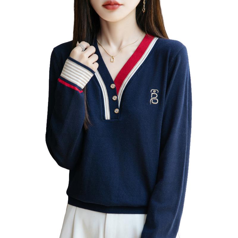Elegant V-Neck Wool Knit Color Block Sweater - Women's Spring & Autumn Short Style, Age-Reducing Base Layer