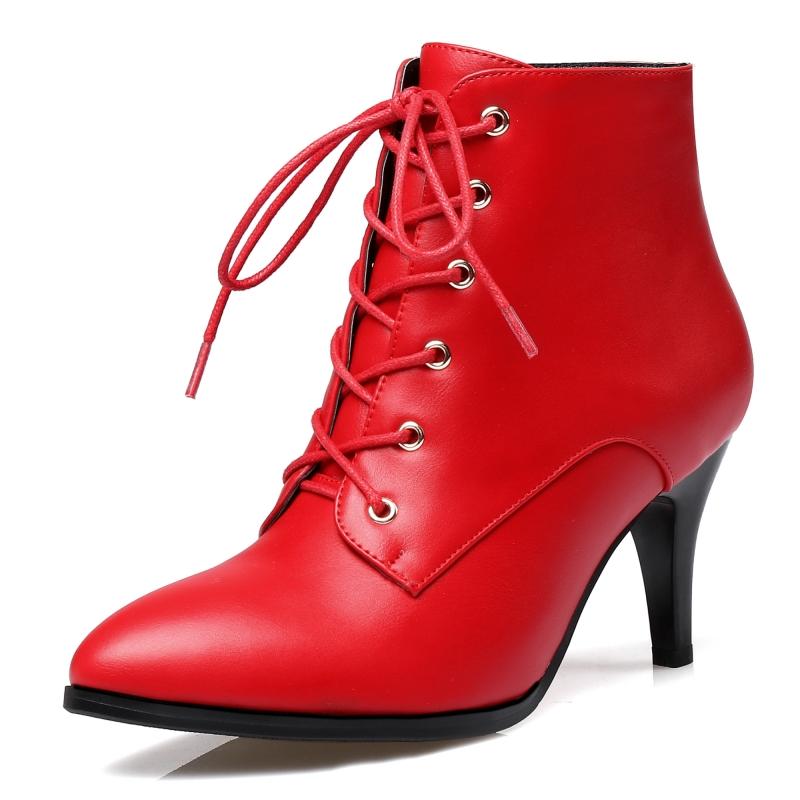 Red Short Boots Shoes Autumn Spring Women's Ankle Boot Black Point Toe Lace-up High Heels Party Dance Shoes Ladies Large Size