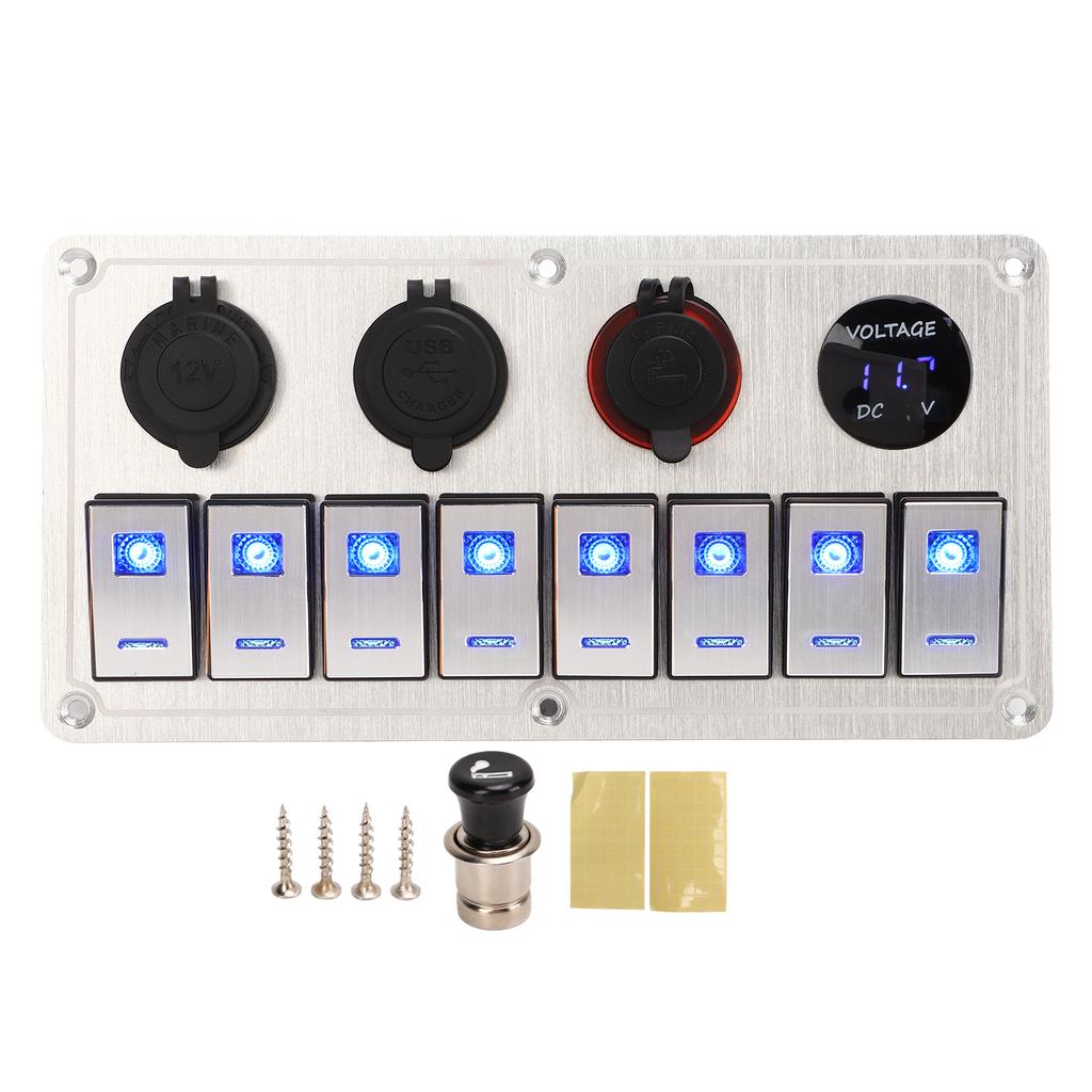 Rocker Switch Panel 8 Gang 12‑24V 5 Pin Blue Light Toggle On Off Lights Control Switch Panel