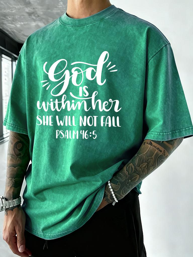 God Is Within Her She Well Not Fall Print Washed TShirt Men Loose Cotton T Shirts Soft ONeck Clothes Beach Vacation Streetwear