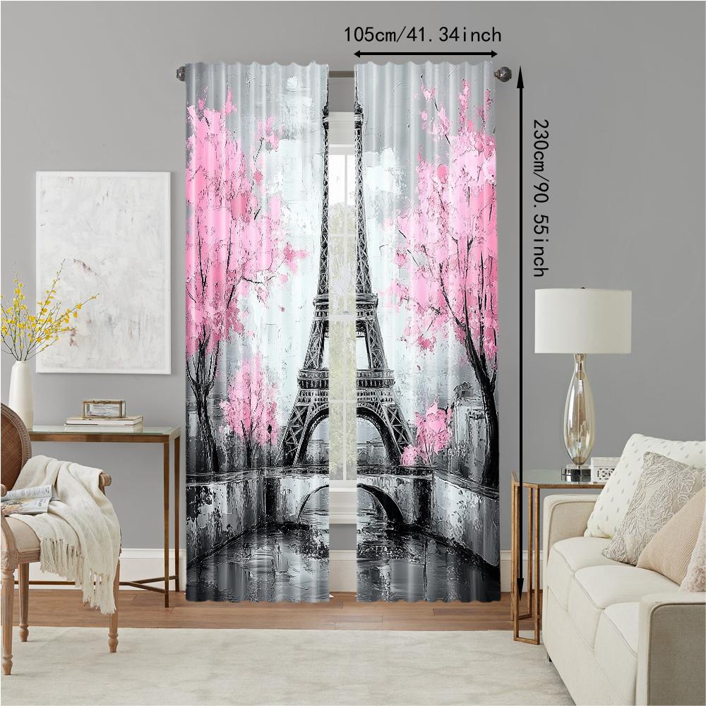 2Pcs Eiffel Tower Printed Window Curtain Rod Pocket Window Treatment For Bedroom Office Kitchen Living Room Study Home Decor_ai9