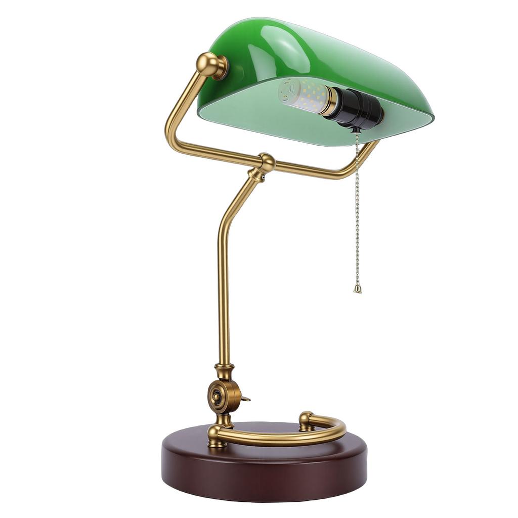 Vintage Schreibtischlampe 350 Grad drehbar Antike Tischlampe mit Zugschalter Holzsockel Glasschirm für Schlafzimmer Wohnzimmer
