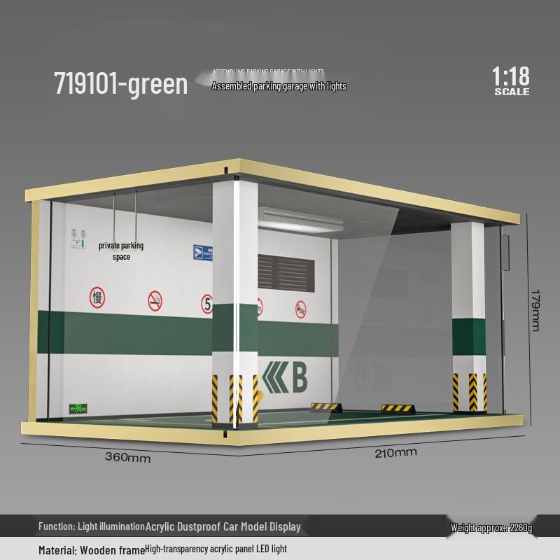 1/18 Wooden Parking Garage Model with Lighting and Dustproof Ornaments