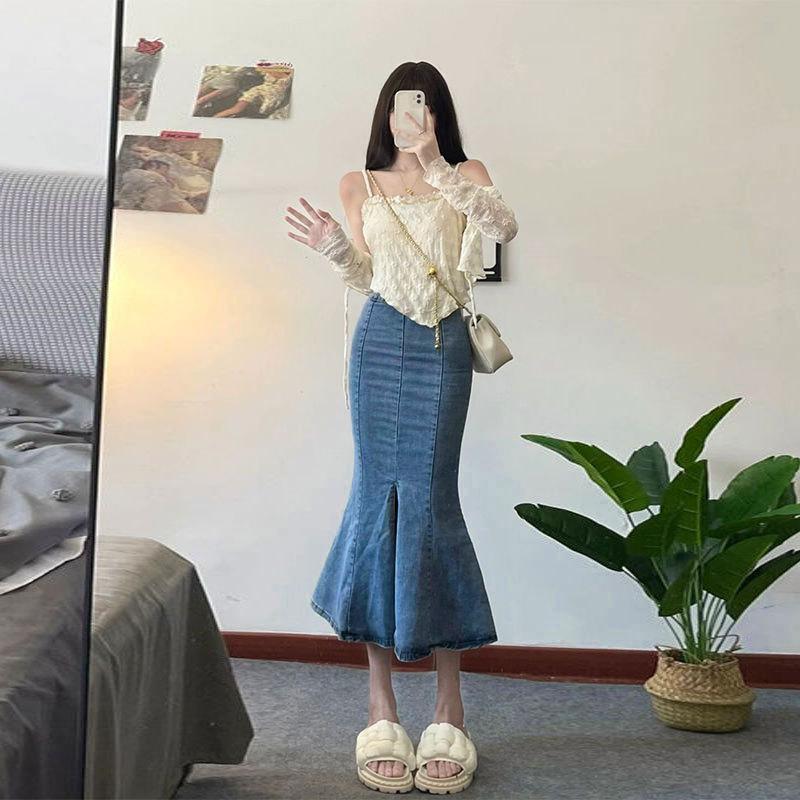 

Женская черная весенняя юбка-бюстье с высокой талией, эластичная, облегающая, с открытыми бедрами, универсальная, удобная, модная, джинсовая юбка-бюстье S синий