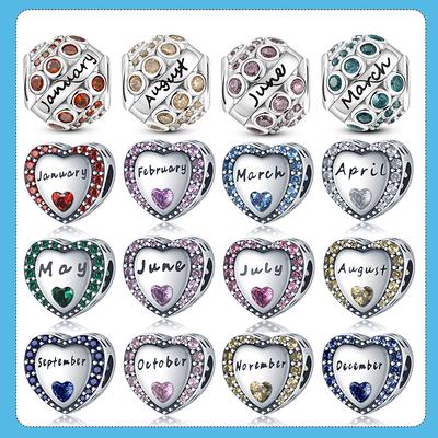 Cuentas de piedra natal de plata 925, abalorio de piedra de cumpleaños, Color CZ, cuentas de circón aptas para pulsera de marca, joyería
