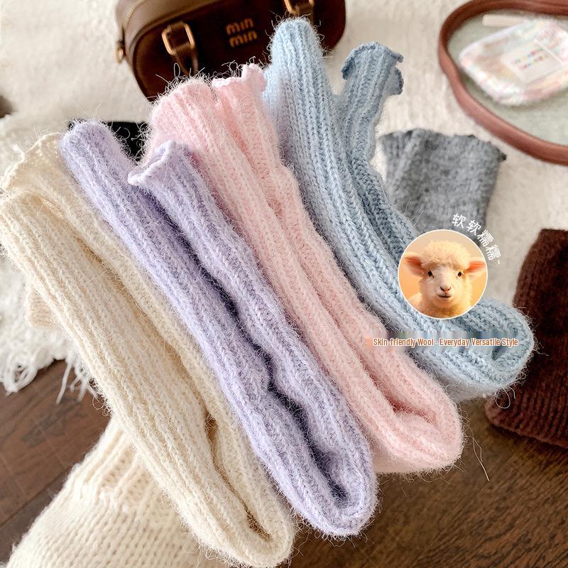 Children's Woolen Lace Ruffle Calf Covers – Warm, Thick, Solid Color for Autumn & Winter