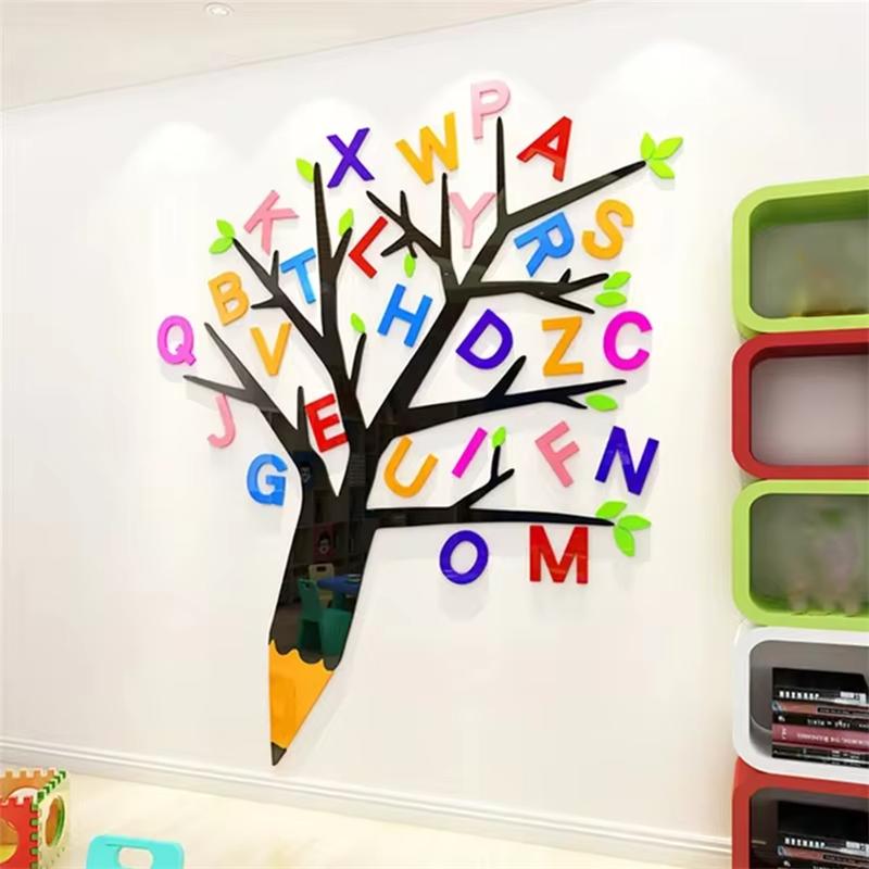 Cartoon Pencil Tree Wall Sticker Acrylic Kindergarten Wall Decals English Letter Wall Sticker Children Bedroom Study Room Decor