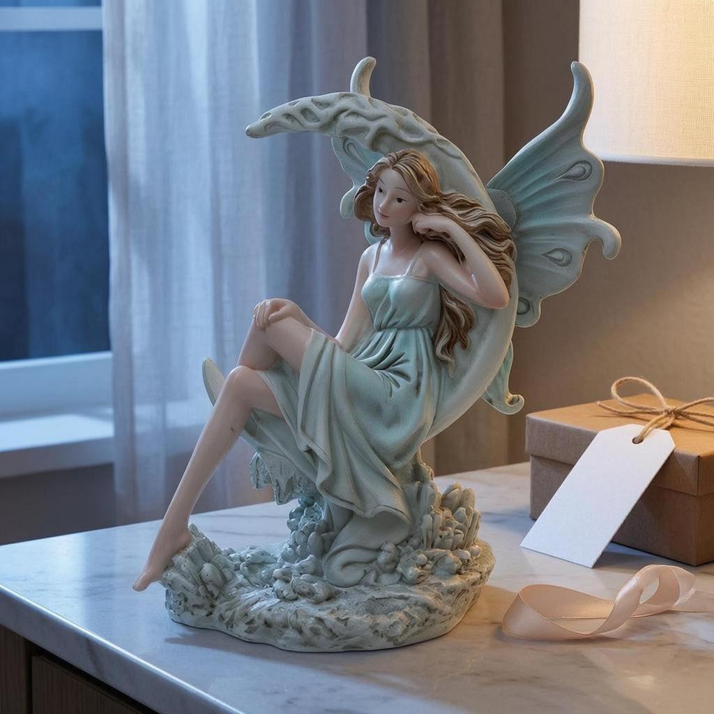 Figurina Incantatrice Luna Verde Pallido e Curva Ornamento Fatato Resina