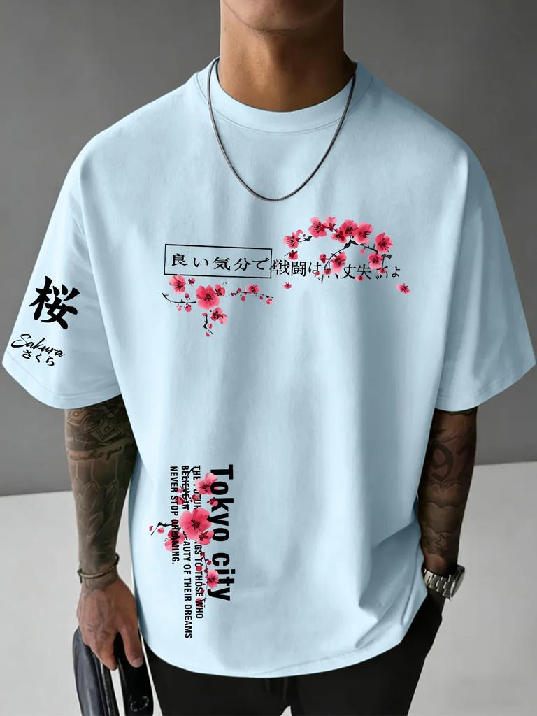 Mens Japanese Style Sakura Graphic T Shirt Tokyo City Streetwear Floral Print Casual Oversized Cotton Summer Top Minimal Design