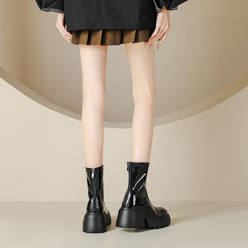 Small Girls Height-increasing Thick-soled Short Boots Women's Autumn and Winter Short Tube 7cm High-heeled Patent Leather Thick-heeled Thin Boots 