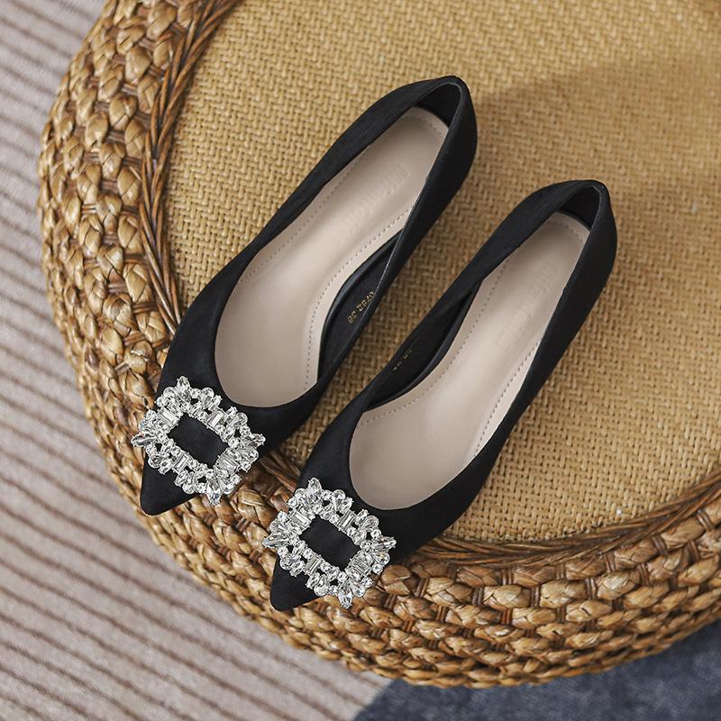2024 Black Rhinestone Women's Work Shoes - Single, Medium-High Thick Heels, Soft Sole
