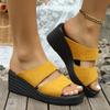 2025 Summer New One-word Sandals Women's Solid Color Large Size Casual and Comfortable Medium Slope Heel Women's Slippers Batch