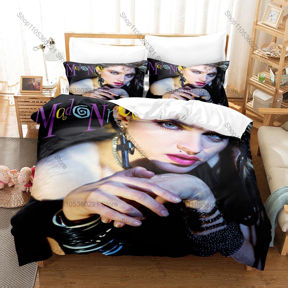 Madonna Duvet Cover + 2 Pillowcases, Queen of Pop Music Icon Print Bedding Set Soft Fabric Home Decor for Music Fans