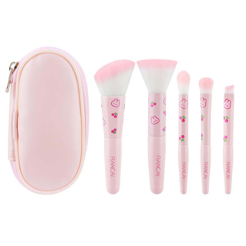 5Pcs Cute Compact Makeup Brush Set With Case Premium Brush for Flawless Foundation, Blush, Eyeshadow Application Beauty Tools