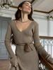 Women's Knitted Dress Elegant V Neck Thick  A-line Dress Brown Long Sleeve Vintage Midi Casual Dresses for Women