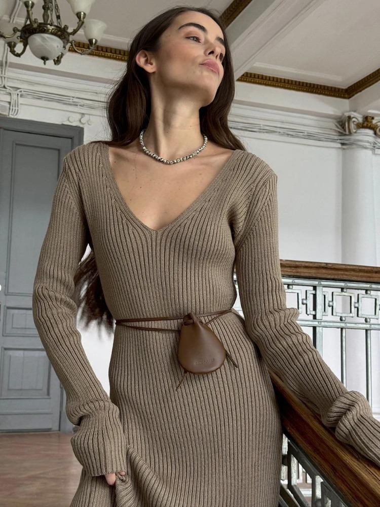 Women's Knitted Dress Elegant V Neck Thick  A-line Dress Brown Long Sleeve Vintage Midi Casual Dresses for Women