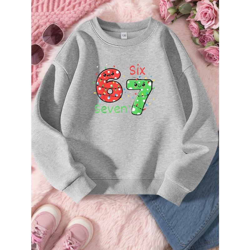 Kids Unisex Crewneck Sweatshirt, Christmas Light Cartoon Face 67 Six Seven Print Long Sleeve Pullover, Soft Sweatshirts for Boys Girls Ages 4+