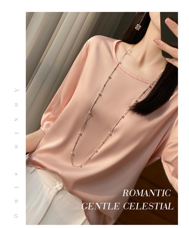 Satin Round Neck Half-Sleeve Loose T-Shirt for Women
