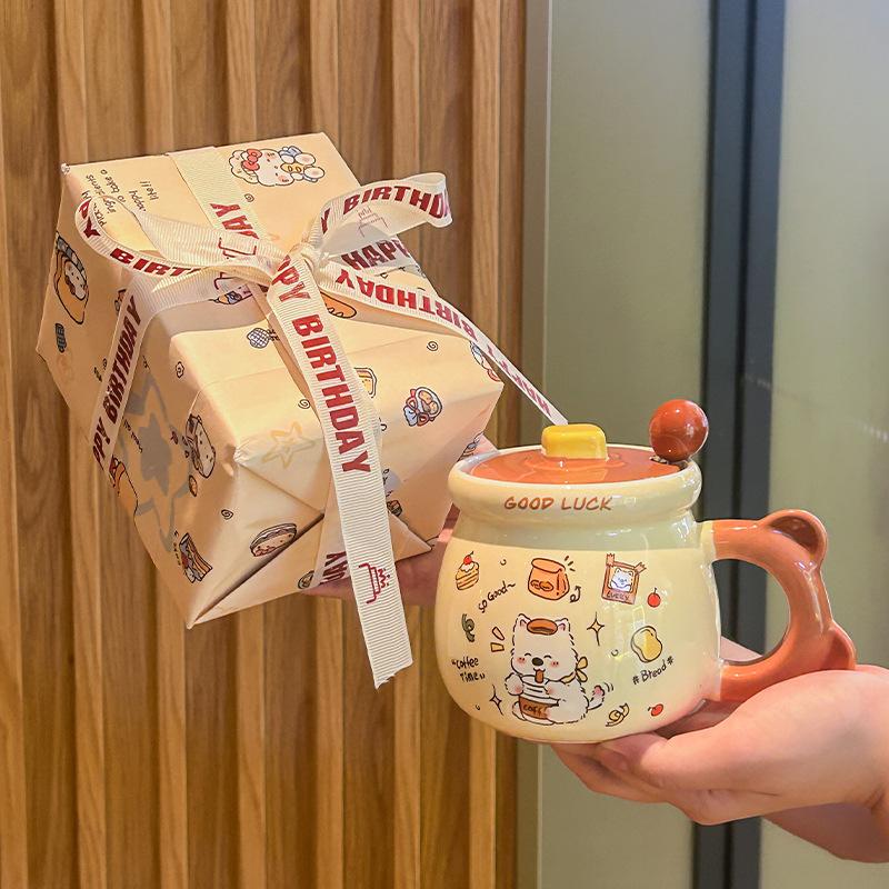 Birthday Gift Cute Cream Puppy Water Cup Girls Ceramic Mug with Lid Girlfriend Children Practical Souvenir