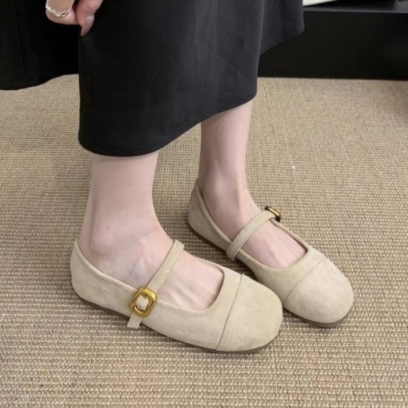 Gentle wind shallow mouth one-word buckle Mary Jane shoes summer new round head flat sole shoes retro Doudou shoes