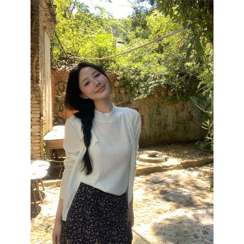 Kumikumi Gentle Wind Set White Knit cardigan Women Inner wear Vest Autumn Floral Skirt Three-Piece Set