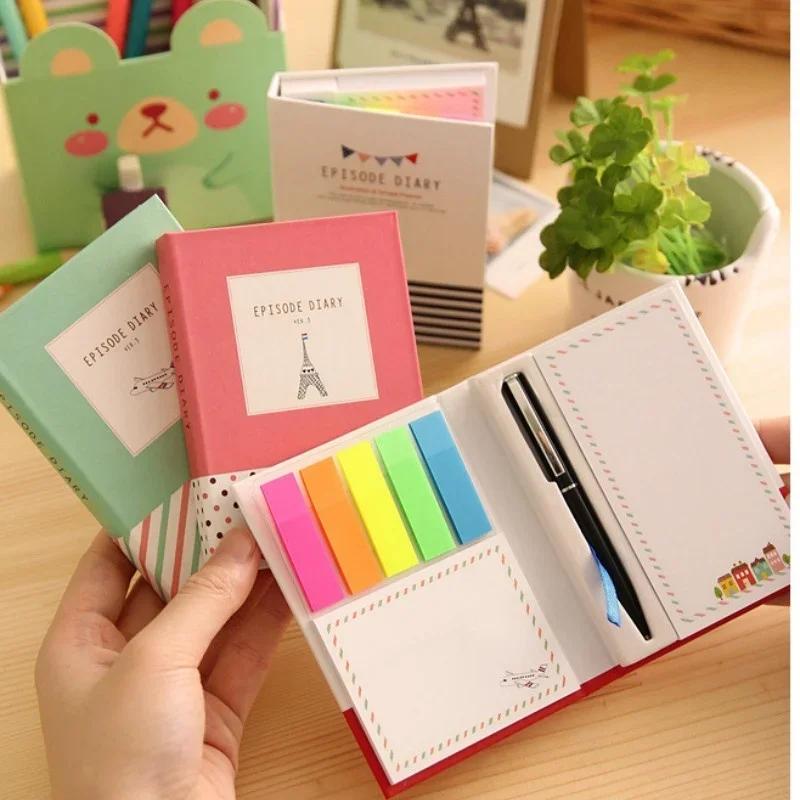 1 Set of Stationery New Creative Cute Hard Shell Notepad Combination Convenient Sticker Notebook with Pen Stationery Random