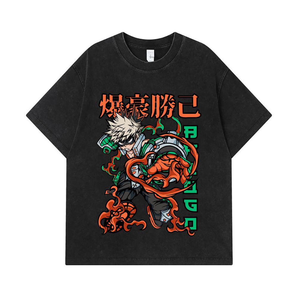 275 GSM Washed T-shirts 100% Cotton My Hero Academia V14 Bakugo Print Unisex Heavy Cotton T Shirt