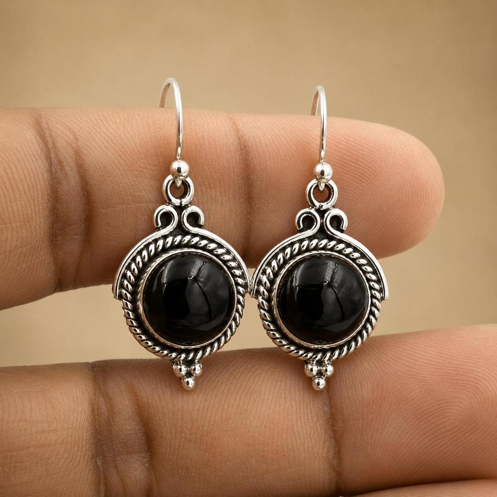 Black Onyx Round Earrings In 925 Sterling Silver, Oxidized Handmade Boho Dangle Earrings, Gothic Gemstone Jewelry for Women
