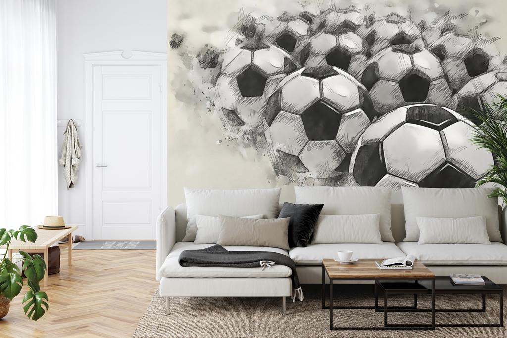 Photomural Soccer Balls Drawn With A Pencil Structural Vinyl 180x120