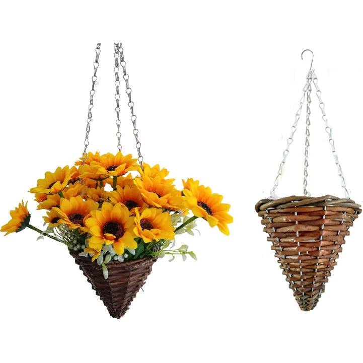Full Assembled Hanging Wicker Basket Cone Mini Artificial Sunflowers for Indoor Decoration