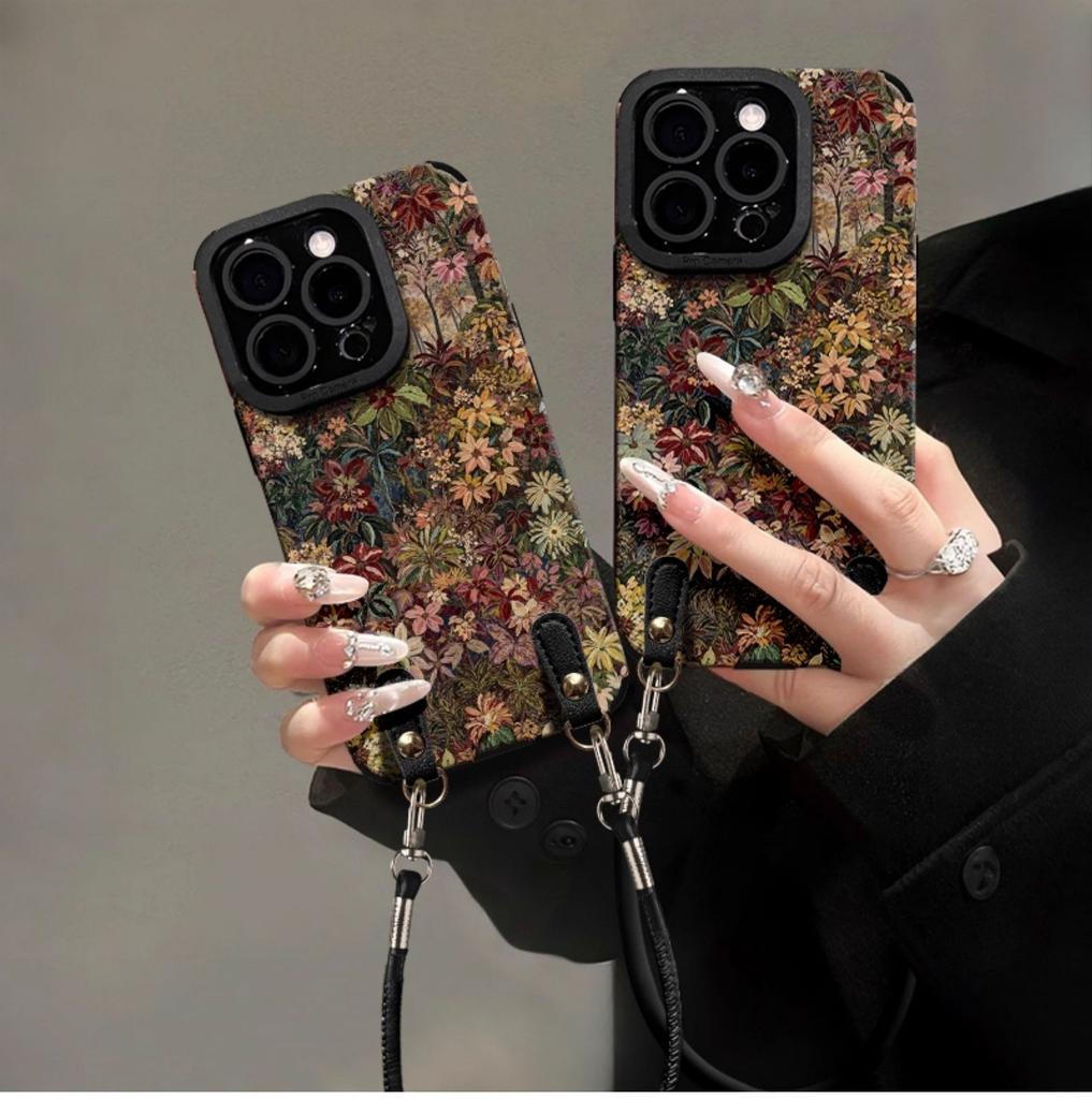 Oil painting Baicao lanyard suitable for Apple 16promax mobile phone case iphone13 silicone sheepskin 15 retro niche