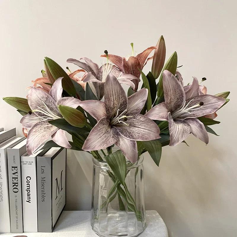 Artificial Plants Ornament Premium Lily Artificial Flower Living Room TV Cabinet Dining Table Vase Flower Arrangement Decoration