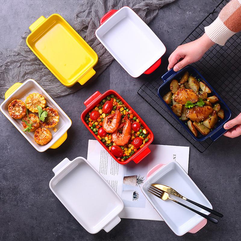 Nordic Cheese Baked Rice Baking Pan Ceramic Plate Plate Plate Rectangle Oven Baking Pan Household Baked Rice Bowl Binaural Plate