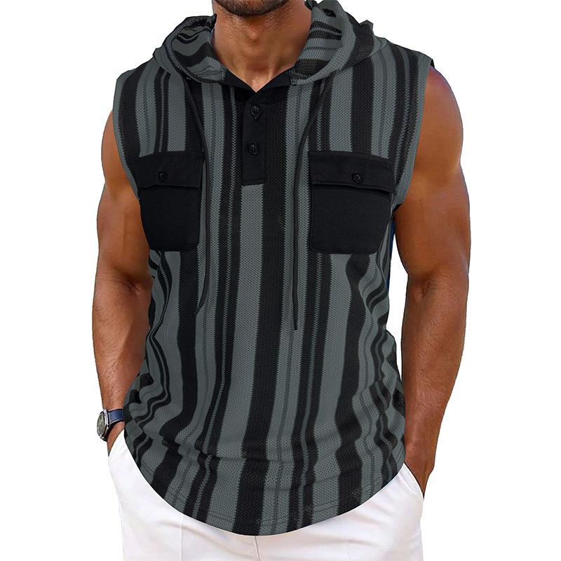 

Men Hooded Sleeveless T Shirt Striped Casual Summer Top with Pocket M