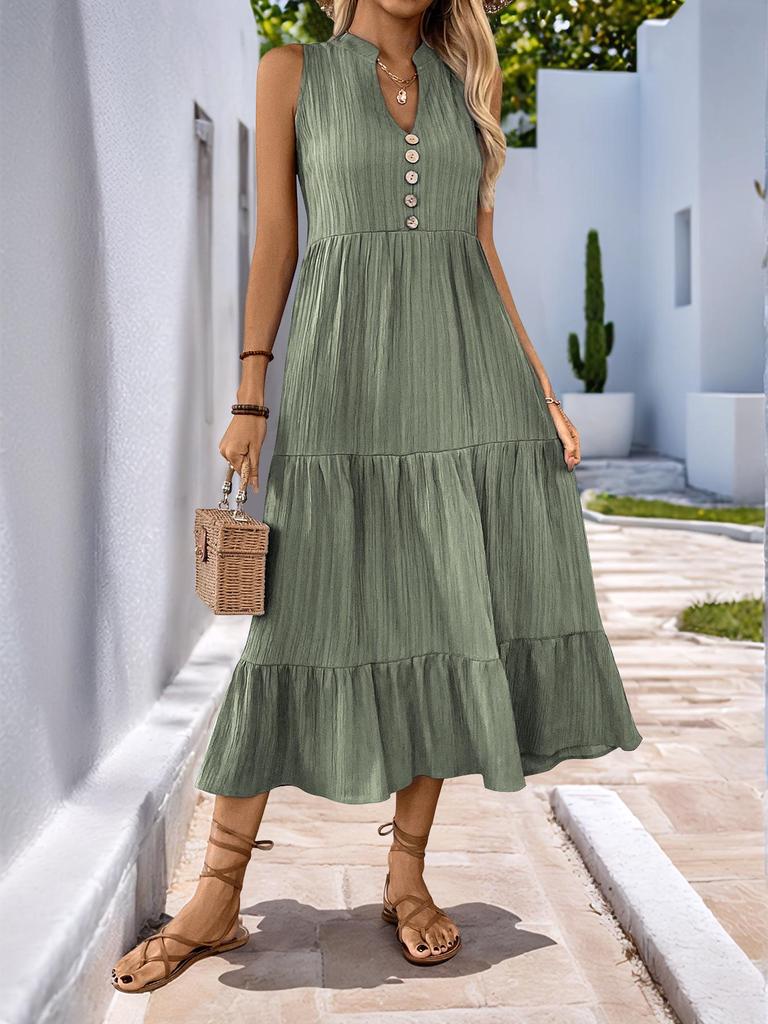 European & American Minimalist V-Neck Button Midi Dress - Sleeveless, Solid Color, Summer 2025 Collection