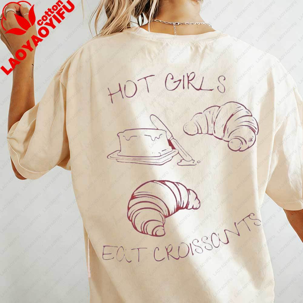 Retro Hot Girls Eat Croissants Womens TShirt Cute Food Graphic Cotton Short Sleeve Tops Gift for Croissant Coffee Lovers