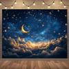 2D Golden Moon Backdrop, Starry Night Sky with Sparkling Stars & Clouds Background Cloth