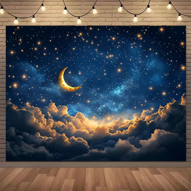 2D Golden Moon Backdrop, Starry Night Sky with Sparkling Stars & Clouds Background Cloth