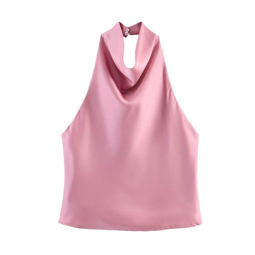Sophisticated 2025 Summer Silk Satin Halter Neck Top – European & American Style