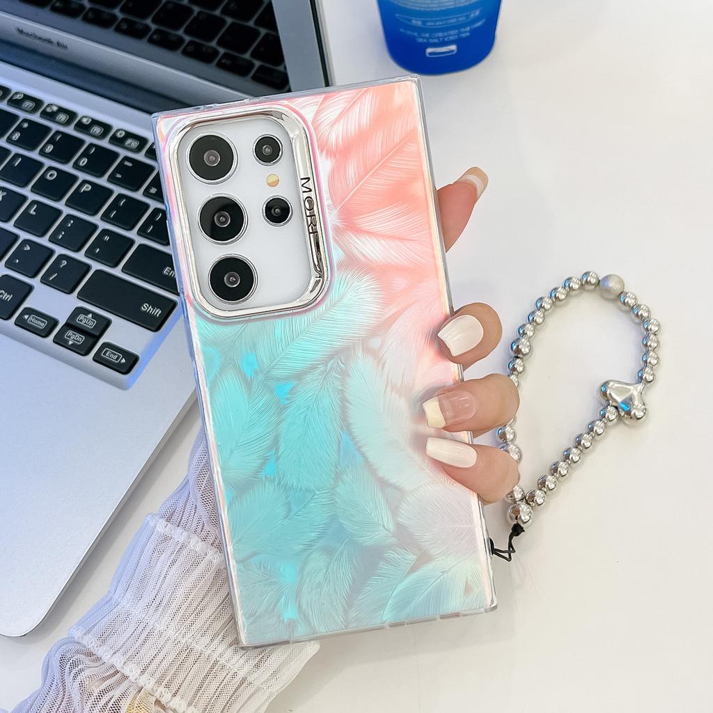 Samsung S25ultra Electroplated Laser Phone Case Suitable for S24plus Feather A56 Pearl Bracelet Hard Set