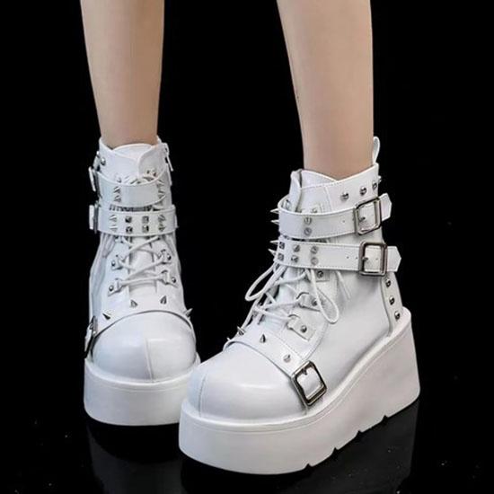 Gotiskā stila platformas vampīru kospleja sieviešu pusgarie zābaki ziemas ķīļpapēži ērti sieviešu motociklistu zābaki apavi