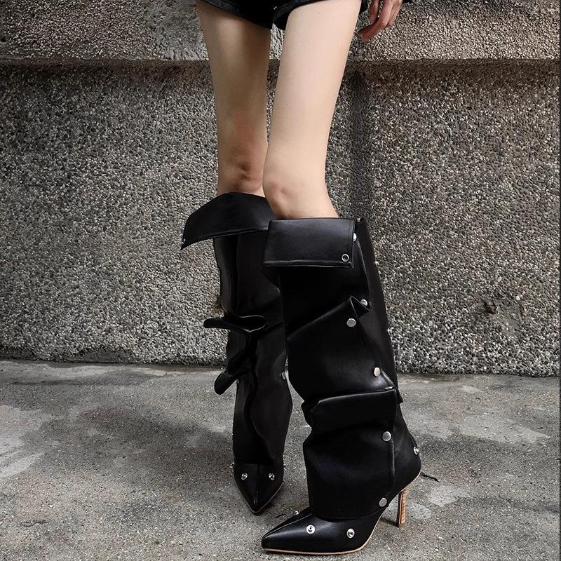 

Pointed stiletto heel pile boots button splicing trouser boots Spice girl high heel long fashion boots women but knee boots children 43 чорний